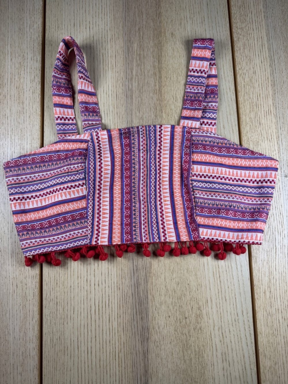 Cider Geometric Striped Pom Pom Trim Crop Top Boho Festival Red Orange Small